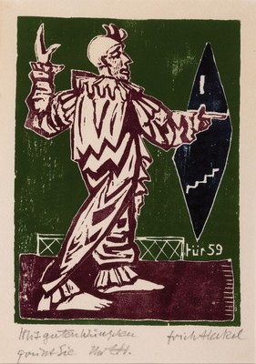 Erich Heckel, 1833 Döbeln-1970 Radolfzell, Farbholzschnitt, 28. Jahresblatt für 1959, Clown im Spiegel, bez.: Mit guten Wünschen...,handsign., ...