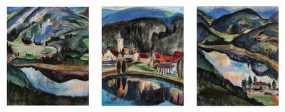 Elisabeth Mack-Usselmann, 1927 Karlsruhe - 2020, Meisterschülerin Erich Heckels, "Titisee-Triptychon", dreiteilige Titisee -Landschaft, ...