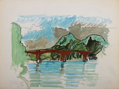 Julius Bretz, 1870 Wiesbaden-1953 Bad Honnef, Brücke über den Fluss, Gouache auf Papier, links unten signiert uns dat. 45, ca. 30x40cm, u.Gl., R.