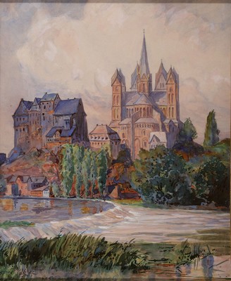 Fritz Velte, Maler um 1900, Blick auf den Limburger Dom, Aquarell auf Papier, links unten signiert, ca. 29x24cm, u.Gl., R. ca. 38x33cm