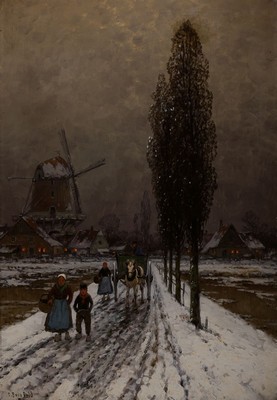 Carl Bergfeld, 1837-1920, niederländische Winterlandschaft mit Mühle und Personen, Öl/Lwd, li. unten signiert, ca. 94 x 65 cm, Rahmen beschädigt