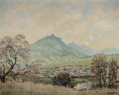 Rudi Müllers, 1895 München - 1972 Heidelberg pfälzer Ansicht, Trifels, Anebos und alte Münz, Öl/Lwd, signiert, l. rest., Altersspuren, ca. 80 x ...