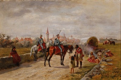 Max Pfitzner, 1855 Partenkirchen - 1912 München, Münchner Schule, zwei preußische Gendarmen bei der Kontrolle einer Gruppe Sinti, rechts unten ...
