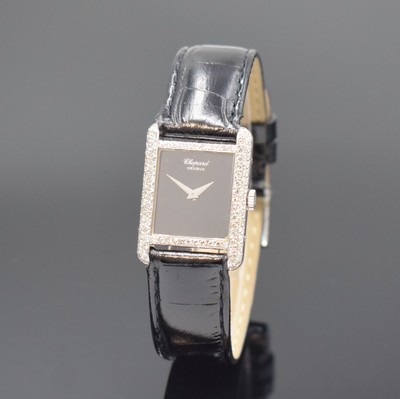 CHOPARD Damenarmbanduhr in WG 750/000 Referenz 5054, Schweiz um 1985, Handaufzug, 2-teil. Geh. seitlich verschr., aufw. m. Diamanten bes., schwarzes ...