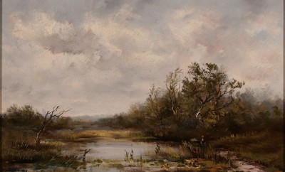 Max Heichele, 1930-1979, Münchner Schule, Landschaft wohl im Dachauer Moos, Figurenstaffage, Öl/Masonit, links unten signiert, 26x43 cm, Rahmen ...