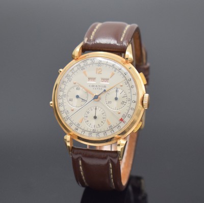 ORATOR Extra Schaltradchronograph Valjoux 72C mit Vollkalender in RG 750/000, Schweiz um 1945, Handaufzug, 3-tlg. Geh. m. ausgefallenen ...