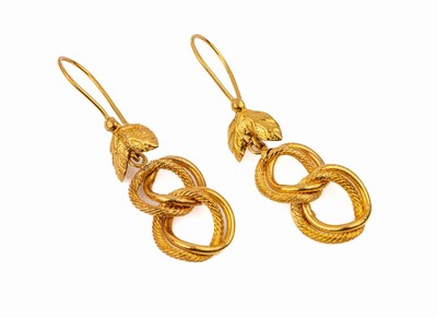 Paar 21 kt Gold Ohrhänger, GG 875/000, bewegl. Abhängungen mit ineinander verschlungenen Kreise, L. ca. 4.5 cm, ca. 3.7 g