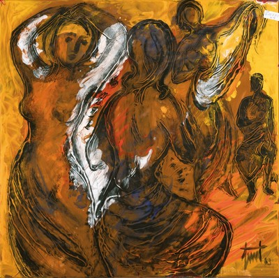 Georg Günther Zeuner, 1923 Dresden-2011 Speyer, vier Frauenfiguren, polychrome Emailarbeit, sign. und dat. 83, ca. 60x60cm