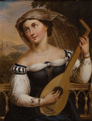 Ernst Gebauer, 1782 Lietzen-1865 Berlin, Porträt einer Jungen Frau, die Laute spielend, im Hintergrund feine idealistische Landschaft, Öl/Lwd, auf ...