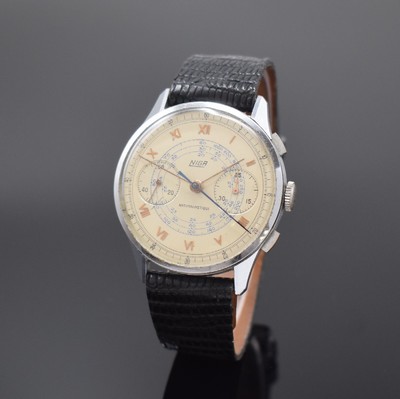 NIGA Schaltradchronograph im verchromten Gehäuse, Schweiz um 1945, Handaufzug, Boden aufgedr., silb. Duoton-Zifferbl. m. röm. Zahlen, orig. Zeiger, ...