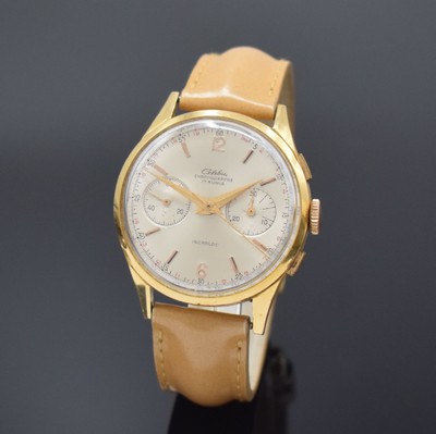 CELEBRA Armbandchronograph in GG 750/000, Schweiz um 1950, Handaufzug, Boden aufgedr., silb. Zifferbl. m. gold. Std.-Ind., gold. Zeiger, 30 ...