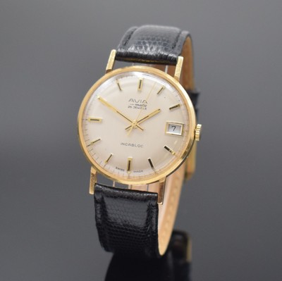 AVIA-Matic Herrenarmbanduhr in GG 375/000, Schweiz / England um 1965, Automatik, 2-tlg. Geh., Boden aufgedr., silb. Zifferbl., gold. Indizes u. ...