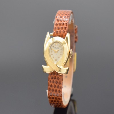 LeCoultre seltene Damenarmbanduhr in Form einer Schleife in GG 585/000, Schweiz um 1950, Handaufzug, Boden aufgedr., orig. Krone, silb. orig. ...