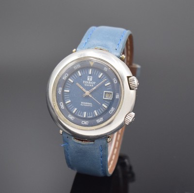 TISSOT Sideral Herrenarmbanduhr in Stahl, Schweiz um 1970, Automatik, Boden aufgedr., Stahlband durch neutr. Lederband ers., blaues Zifferbl. m. ...