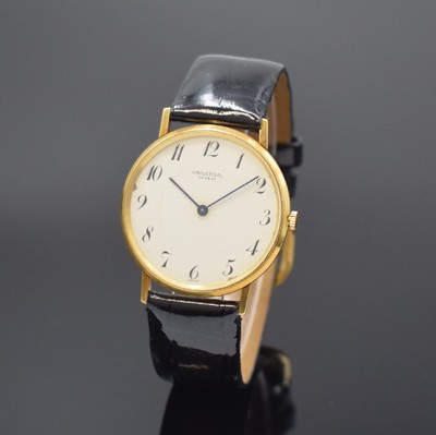 UNIVERSAL GENEVE Herrenarmbanduhr in GG 750/000, Schweiz um 1975, Handaufzug, Boden aufgedr., weißes Zifferbl. fl./besch., arab. Zahlen, gebl. ...