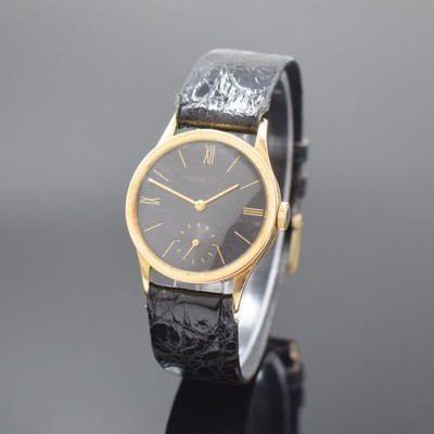 IWC Kaliber 83 Armbanduhr in GG 585/000, Schweiz um 1942, Handaufzug, 3-tlg. neutr. Geh., Boden u. Glasrand aufgedr., schwarzes orig. Glanz-Zifferbl. ...