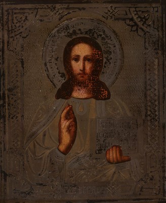 Zwei Ikonen, Russland, um 1880/90, Hl. Nikolaus und Christus Pantokrator, Silberoklad, z.T. graviert und ziseliert, einmal im Rahmen, komplett 21x 19 ...