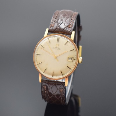 OMEGA Automatik Armbanduhr in GG 585/000 Referenz 14792 62, Schweiz um 1963, 3-tlg. Geh., Boden u. Glasrand aufgedr., silb. Zifferbl. pat./fl., gold. ...