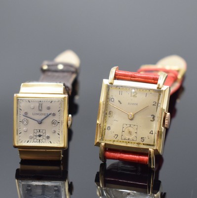 Longines quadratische Armbanduhr in GG 585/000 und eine weitere Armbanduhr, Schweiz/USA um 1945, Handaufzug, 2-tlg. Gehäuse, Böden aufgedr., silb. ...