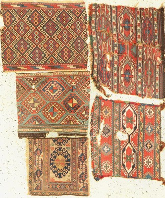 5 Shahsawan Mafraschteilen, Persien, 19.Jhd, Wolle auf Wolle, ca. 60 x 50 cm, EHZ: 4, (Fragmente)