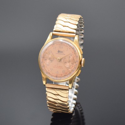 DULFI Chronographe Herrenarmbanduhr in RG 750/000, Schweiz um 1950, Handaufzug, 3- teil. Geh., Boden u. Glasrand aufgedr., kupferfarb. Zifferbl. m. ...