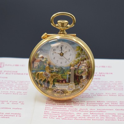 REUGE Taschenuhr mit Wecker-Spieluhr und Figurenautomat, Schweiz um 1990, verg. Geh., Rückdeckel m. grav. Musikinstrumenten, weißes Zifferbl. b. ...