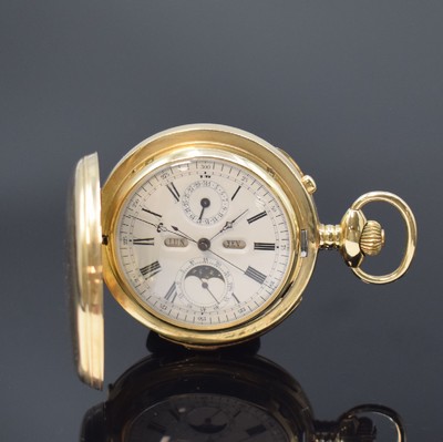 Schwere Savonette mit Minutenrepetition, Vollkalender und Chronograph im neutralen GG 585/000 Gehäuse, Werk Schweiz um 1900, 3-Deckel Goldgeh. ...