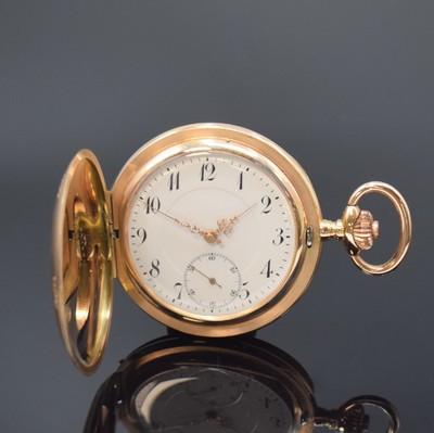 Savonette in RG 585/000, Schweiz um 1900, 2-Deckel Goldgeh., Emailzifferbl. m. arab. Zahlen, gold. Zeiger, verg. Werk m. Komp.-Unr. u. Breguet-Sp., ...