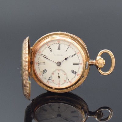 LONGINES Damensavonette in GG/RG 750/000, Schweiz um 1890, floral grav. 3-Deckel Goldgeh., Sprungdeckel m. Diamanten u. Rubinen bes. (2 fehl.), ...