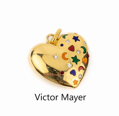 18 kt Gold VICTOR MAYER Herzanhänger, GG 750/000, 6 Brillanten zus. ca. 0.12 ct Weiß/si, bunt emaill. mit Herzen, Mondsicheln und Sternen, total ...