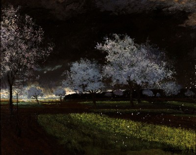 Karl Wagner, 1877 Gochsheim-1951 Karlsruhe, Maigewitter, so rückseitig auf altem Etikett betitelt, Öl/Holz, rechts unten sign. und dat. 1917, ca. ...
