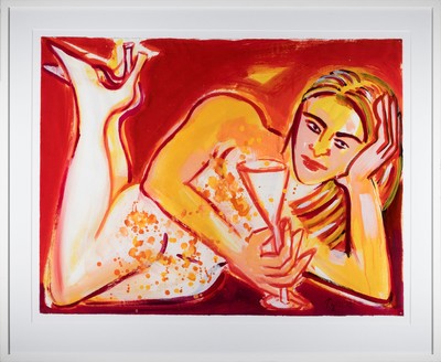 Elvira Bach, geb. 1951 Nauenheim, Mischtechnik auf dickem Papier, großer liegender Akt in Rot und Orange-tönen, um 2007/08, handsigniert, 78x103 ...