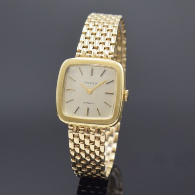 ANKER Herrenarmbanduhr in GG 585/000 inklusive Goldband, Schweiz um 1965, Handaufzug, 2- teil. Gehäuse, Boden aufgedr., silb. Zifferbl.m. aufges. ...