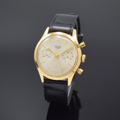 HEUER Armbandchronograph Kaliber Valjoux 92, Schweiz um 1965, Handaufzug, verg. Gehäuse, Stahlboden geschr., silb. Zifferbl. m. aufges. Std.-Ind., ...