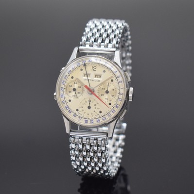 WITTNAUER Herrenarmbanduhr mit Chronograph und Kalender Kaliber 72C, Schweiz um 1950, Handaufzug, verchr. Gehäuse, sign. Stahlboden aufgedr., silb. ...