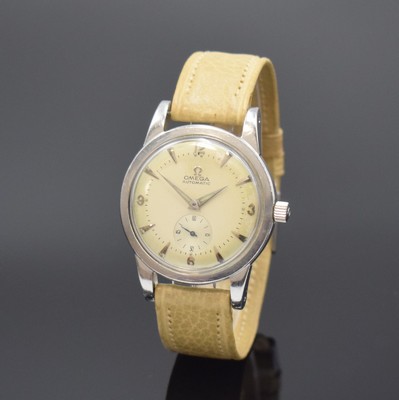 OMEGA Herrenarmbanduhr mit Hammerautomatik Referenz 2493-7, Schweiz um 1952, 2-teil. Gehäuse, Boden geschr., orig. Lederband m. orig. Dornschl., ...