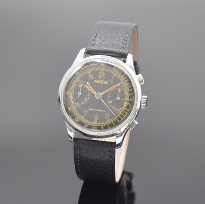 ANGELUS Herrenarmbanduhr mit Chronograph Kaliber 215, Schweiz um 1945, Handaufzug, 3 -teil. verchr. Gehäuse, Stahlboden aufgedr., orig. Zifferbl., ...
