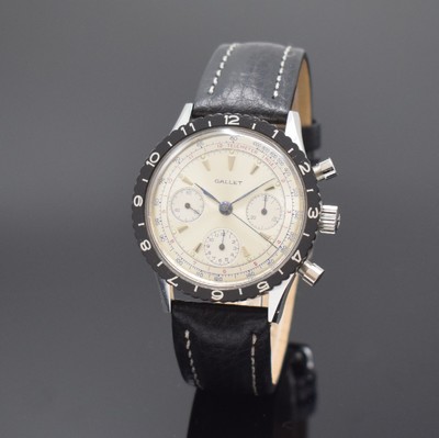 Herrenchronograph mit Kaliber Valjoux 72, Schweiz um 1968, Handaufzug, 2-teil. Stahlgeh., geschr. Boden sign. Gallet, silb. Zifferbl. m. aufges. ...