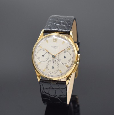 UNIVERSAL GENEVE Herrenarmbanduhr in 750/000 GG mit Chronograph Referenz 12494, Schweiz um 1945, Handaufzug, 3-teil. sign. Gehäuse, Boden u. ...