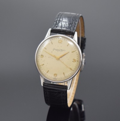 IWC Herrenarmbanduhr in Stahl Kaliber 89, Schweiz um 1953, Handaufzug, 3-teil. Gehäuse, Boden u. Glasrand. aufgedr., silb. Zifferbl. altersbed. fl., ...