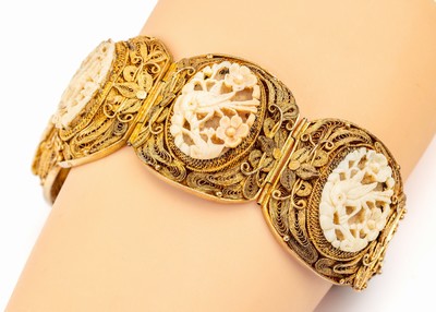 Armband mit Beinschnitzereien, Silber verg., China 1950er Jahre, aufwendige Filigranarbeit, 4 Glieder mit Bein, geschnitzt, Darstellungen mit ...