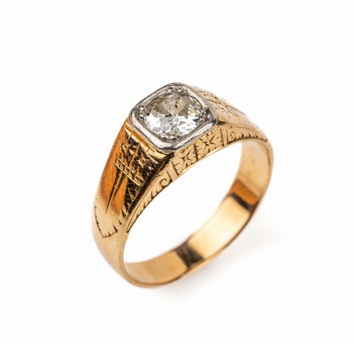 14 kt Gold Diamant-Ring, GG 585/000, um 1910, einzelner Altschliffdiamant ca. 0.70 ct Weiß/p1, florale Gravuren, RW 57, ca. 6.3 g