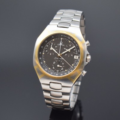 OMEGA Seamaster Polaris Armbandchronograph Referenz 386.1031, Schweiz um 1990, quarz, goldintarsiertes Edelstahlgeh. inkl. Edelstahlgliederband m. ...