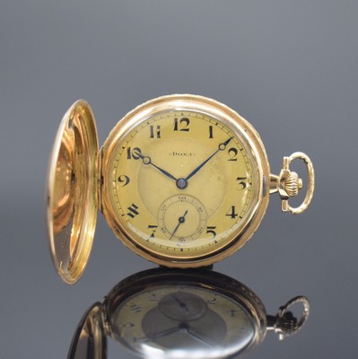 DOXA Herrensavonette in GG 585/000, Schweiz um 1925, 3-Deckel Goldgeh. dell., Sprung- u. Rückdeckel m. Streifendekor, Geh.-Rand grav., Cuvette m. ...