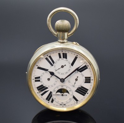 Große offene Taschenuhr mit Vollkalender und Mondphase in Stahl, Schweiz um 1890, glattes Geh. l. dell., Glasrand aufgedr., Emailzifferbl. m. röm. ...