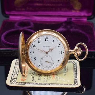 ALPINA Precision Union Horologere Herrensavonette in RG 585/000 mit Garantieschein und Etui, Schweiz verk. lt. Schein 1912, glattes 3-Deckel Goldgeh. ...