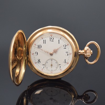 Herrensavonette in RG 585/000, Schweiz um 1915, Geh. dell., guill. Sprung- (m. Monogrammspiegel) u. Rückdeckel, Metallcuvette, Emailzifferbl. m. ...