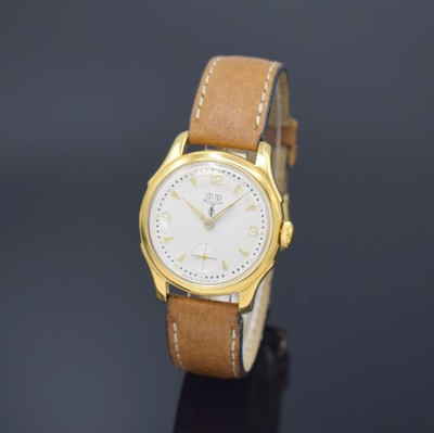 GUB Güteuhr Kaliber 60.2 vergoldete Armbanduhr, DDR um 1955, Handaufzug, 2-tlg. Geh., verschr. Stahlboden, silb. Zifferbl. rest., kl. Sek. b. 6, ...