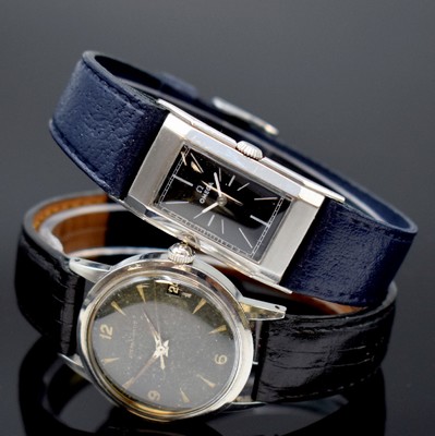 OMEGA / ETERNA 2 Armbanduhren in Stahl, Schweiz um 1935 / 1955, Handaufzug / Automatik, 1.) rechteck. OMEGA, gedr. Geh., schwarz. Zifferbl. rest., ...
