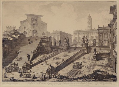 Giovanni Battista Piranesi (1720-1778): 2 Radierungen aus der Folge "Vedute di Roma", 19.Jh., Vedut del Romano. Campidoglio con Scalinata ...
